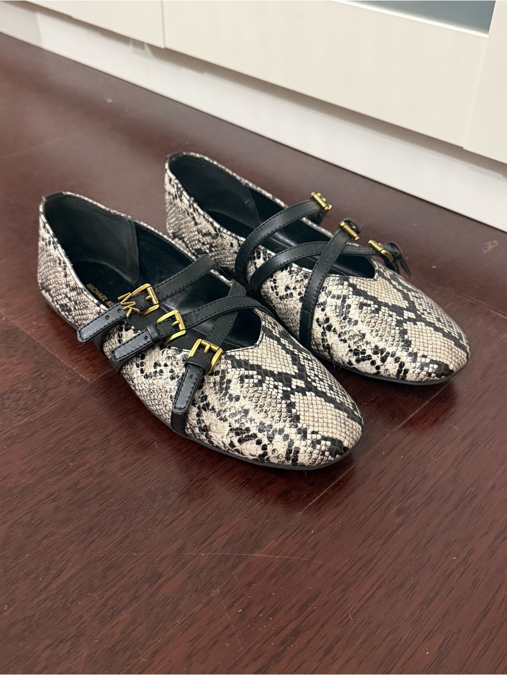 Michael Kors Snake-Print Flats with Black Straps and Gold Buckles